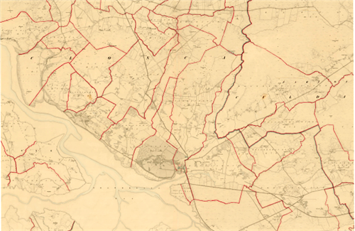 Example of an Ordnance Survey map showing townlands outlined in red