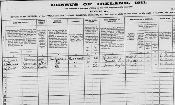 Record of the Morrow household in 1911 Ireland Census